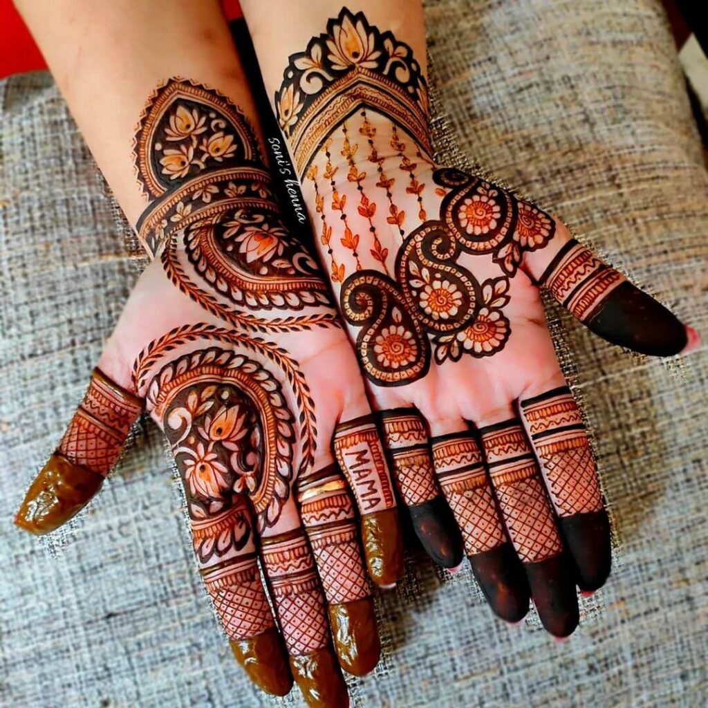 Trendy Mango Motif and Swirls Shaded Detailing Henna for Front Hand