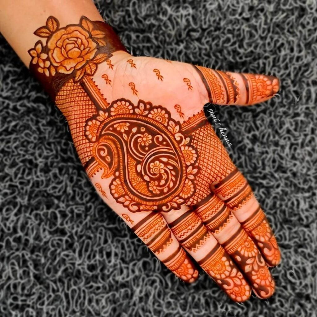 Trendy Mango Motif and Swirls Shaded Detailing Henna for Front Hands