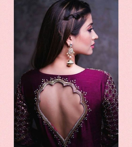High neck blouse with inverted leaf cut out back neck latest blouse design