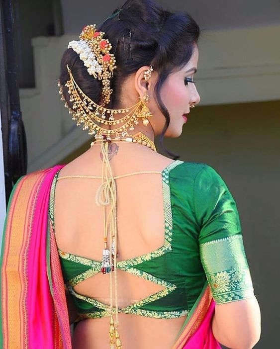 Silk saree simple back blouse design with multiple doris